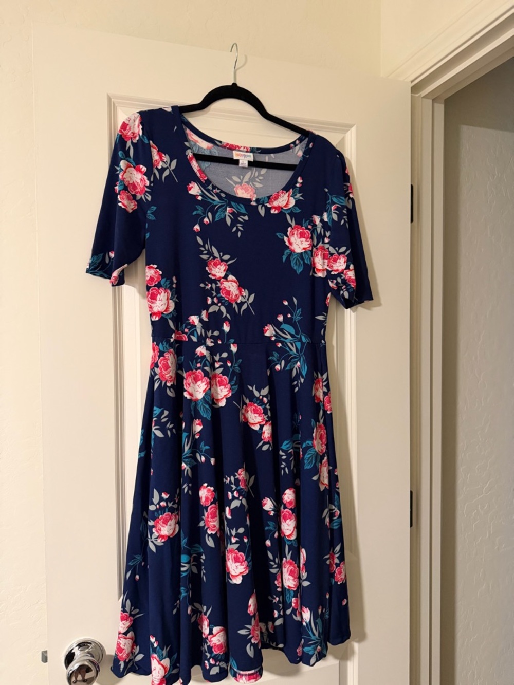 LuLaRoe Navy Floral Midi Dress with Pink Roses and Teal Leaves